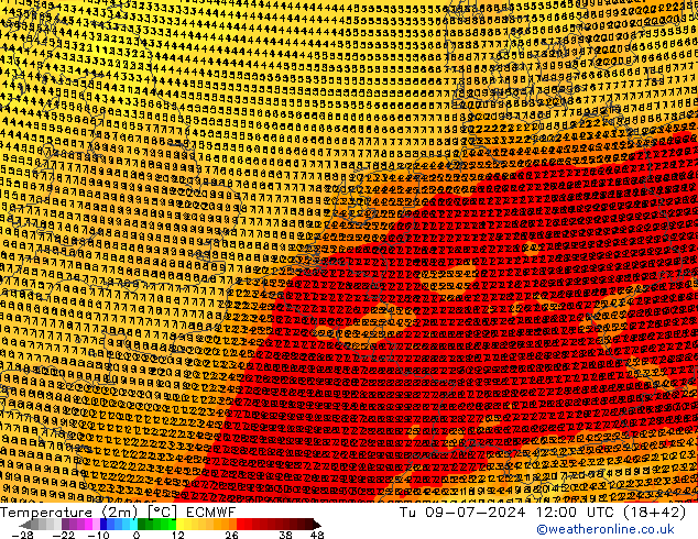 Temperatuurkaart (2m) ECMWF di 09.07.2024 12 UTC