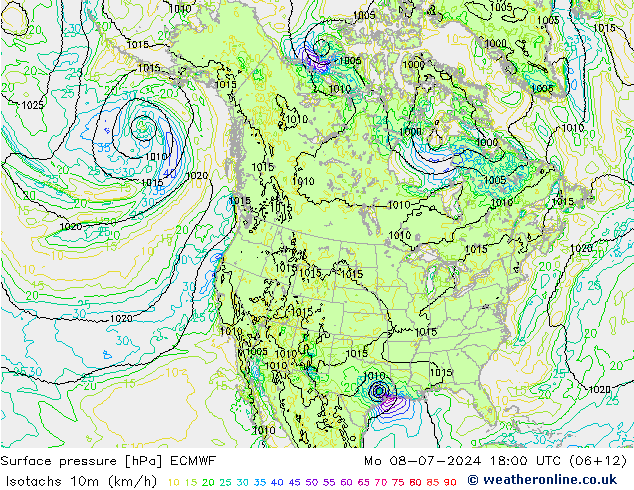 10米等风速线 (kph) ECMWF 星期一 08.07.2024 18 UTC