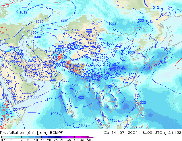 Totale neerslag (6h) ECMWF zo 14.07.2024 00 UTC