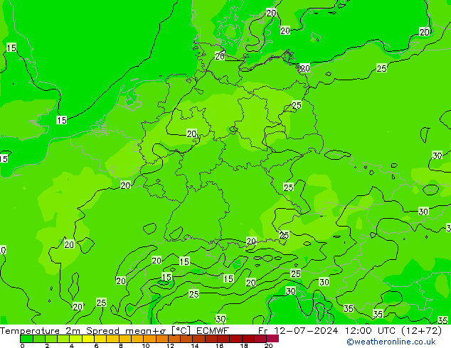 Temperatuurkaart Spread ECMWF vr 12.07.2024 12 UTC