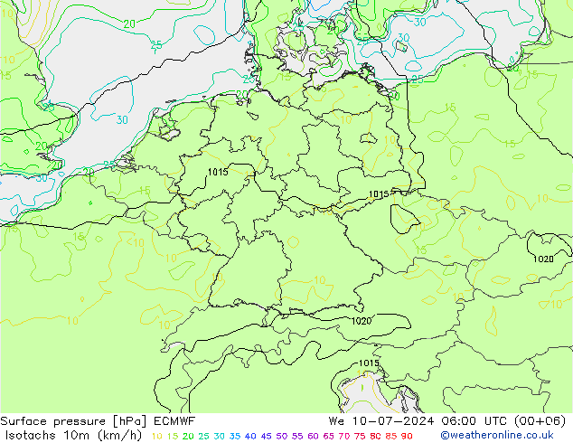 Isotachen (km/h) ECMWF wo 10.07.2024 06 UTC