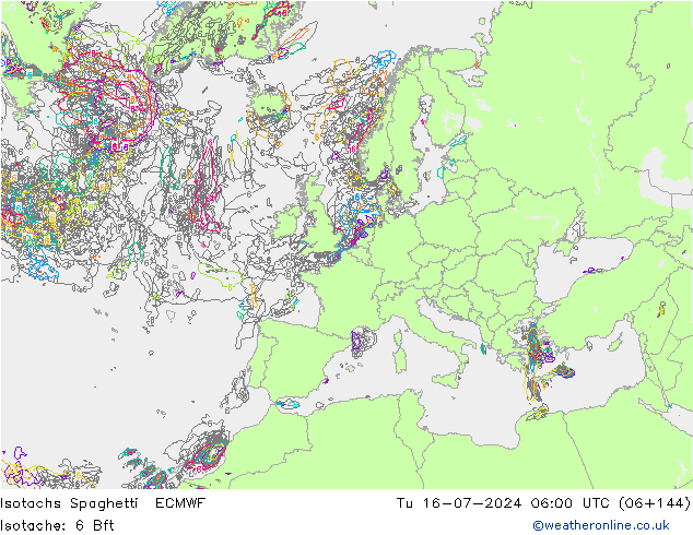 Isotachs Spaghetti ECMWF 星期二 16.07.2024 06 UTC