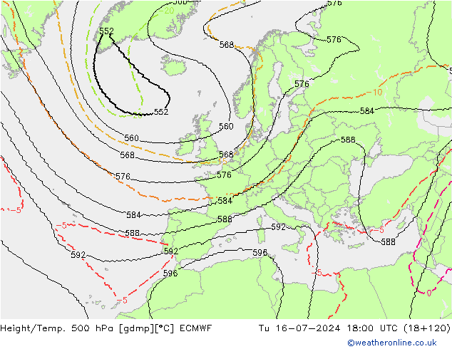 Hoogte/Temp. 500 hPa ECMWF di 16.07.2024 18 UTC