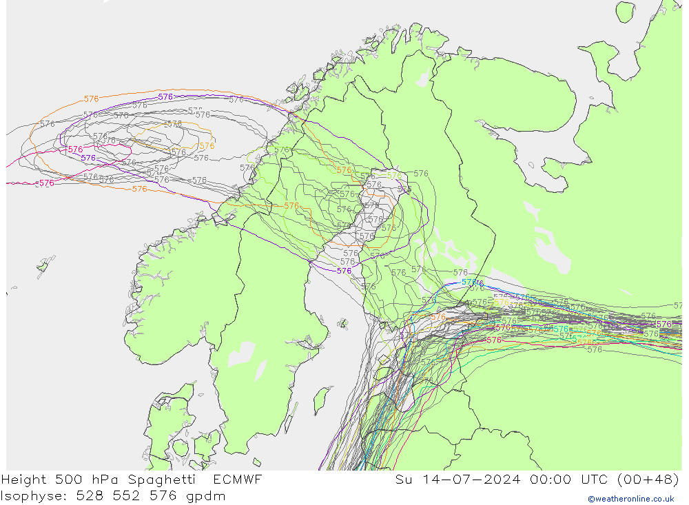 Hoogte 500 hPa Spaghetti ECMWF zo 14.07.2024 00 UTC