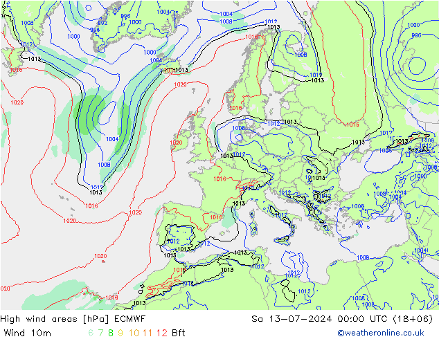 High wind areas ECMWF 星期六 13.07.2024 00 UTC