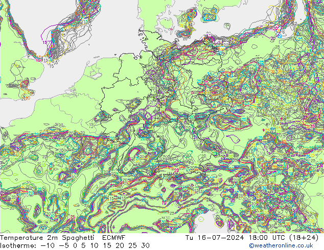 温度图 Spaghetti ECMWF 星期二 16.07.2024 18 UTC