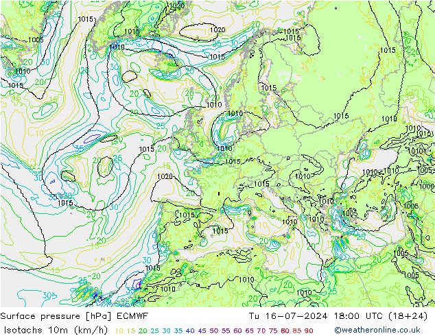 10米等风速线 (kph) ECMWF 星期二 16.07.2024 18 UTC