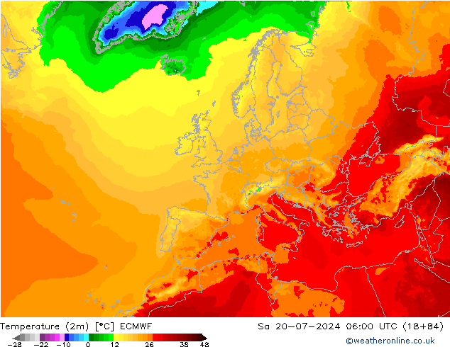 Temperatuurkaart (2m) ECMWF za 20.07.2024 06 UTC