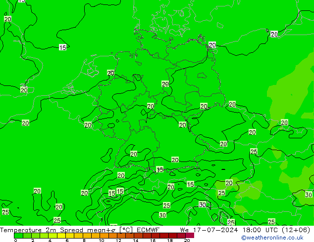 温度图 Spread ECMWF 星期三 17.07.2024 18 UTC