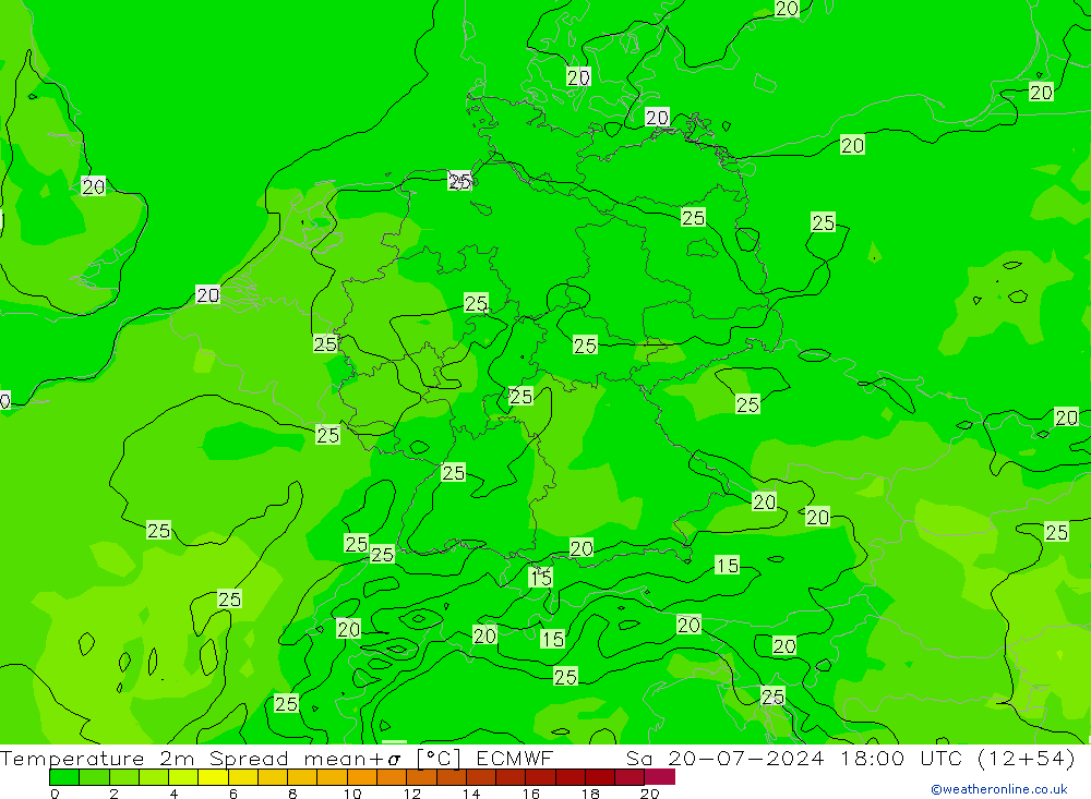 Temperatuurkaart Spread ECMWF za 20.07.2024 18 UTC