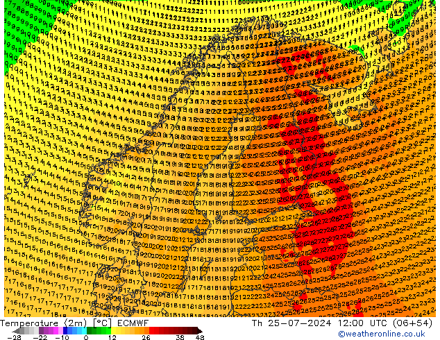 Temperatuurkaart (2m) ECMWF do 25.07.2024 12 UTC