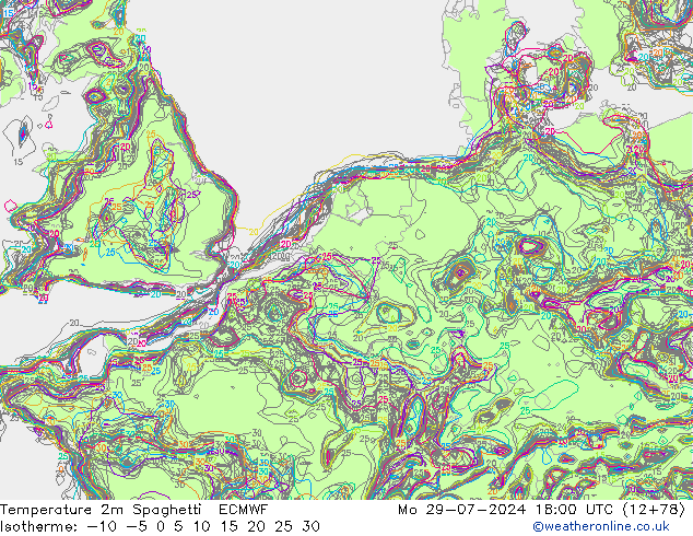温度图 Spaghetti ECMWF 星期一 29.07.2024 18 UTC