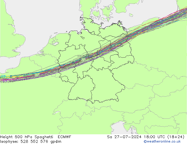 Height 500 hPa Spaghetti ECMWF Sa 27.07.2024 18 UTC