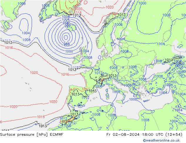地面气压 ECMWF 星期五 02.08.2024 18 UTC
