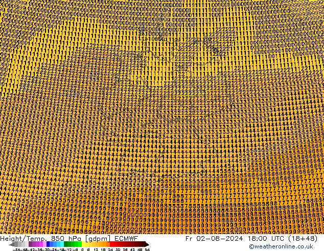 Height/Temp. 850 hPa ECMWF 星期五 02.08.2024 18 UTC