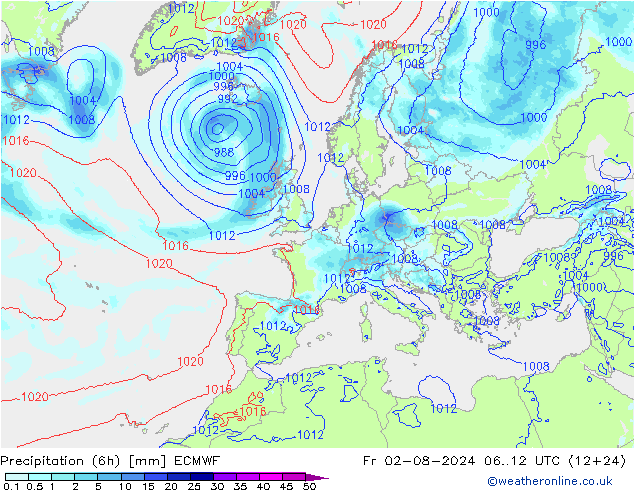 Totale neerslag (6h) ECMWF vr 02.08.2024 12 UTC