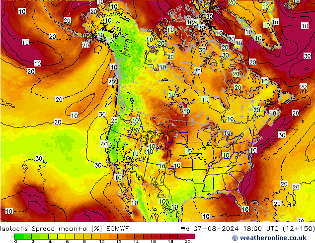 Isotachs Spread ECMWF 星期三 07.08.2024 18 UTC