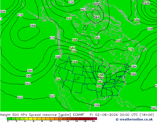 Hoogte 500 hPa Spread ECMWF vr 02.08.2024 00 UTC