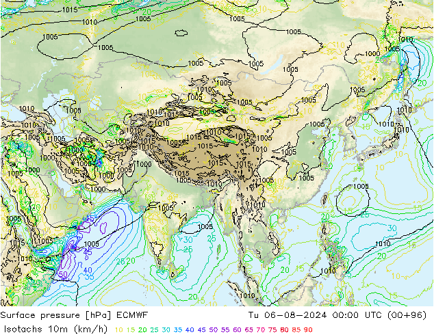 Isotachen (km/h) ECMWF di 06.08.2024 00 UTC