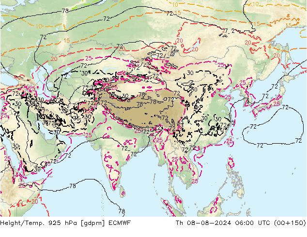 Hoogte/Temp. 925 hPa ECMWF do 08.08.2024 06 UTC