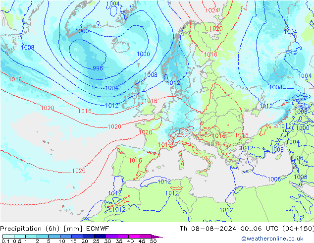 Totale neerslag (6h) ECMWF do 08.08.2024 06 UTC