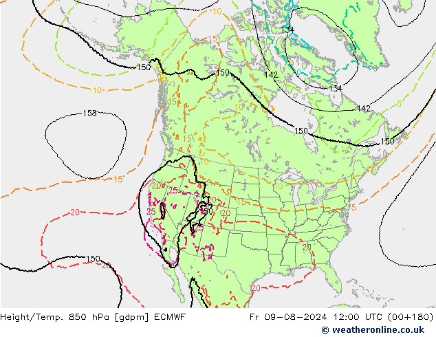 Hoogte/Temp. 850 hPa ECMWF vr 09.08.2024 12 UTC