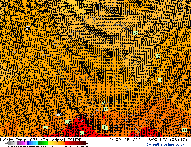 Hoogte/Temp. 925 hPa ECMWF vr 02.08.2024 18 UTC