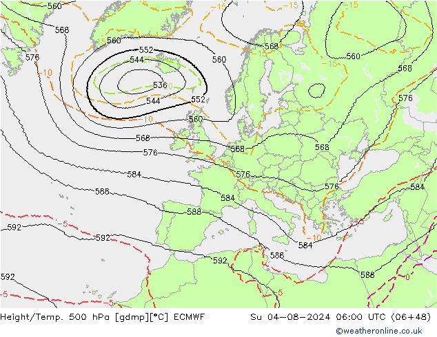 Hoogte/Temp. 500 hPa ECMWF zo 04.08.2024 06 UTC