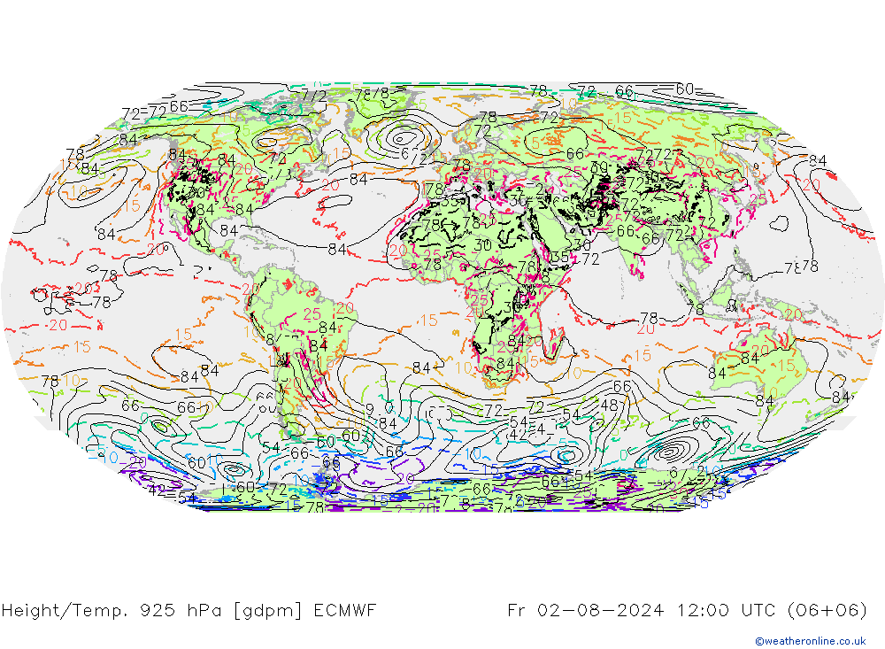 Hoogte/Temp. 925 hPa ECMWF vr 02.08.2024 12 UTC