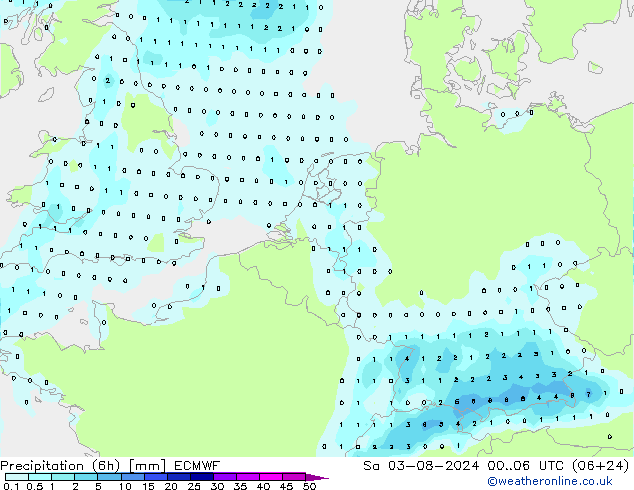 降水量 (6h) ECMWF 星期六 03.08.2024 06 UTC