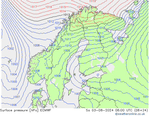 地面气压 ECMWF 星期六 03.08.2024 06 UTC