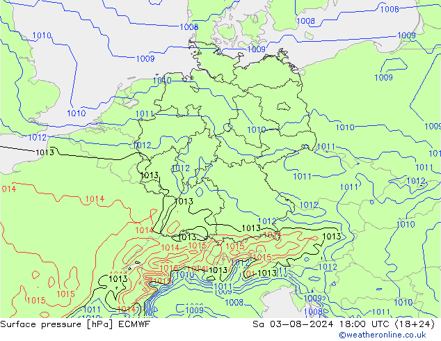 地面气压 ECMWF 星期六 03.08.2024 18 UTC