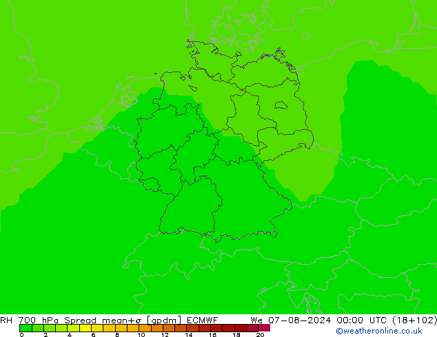 RH 700 hPa Spread ECMWF 星期三 07.08.2024 00 UTC