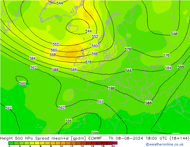 Height 500 hPa Spread ECMWF 星期四 08.08.2024 18 UTC