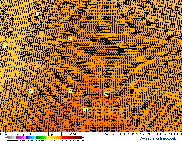 Hoogte/Temp. 925 hPa ECMWF wo 07.08.2024 06 UTC