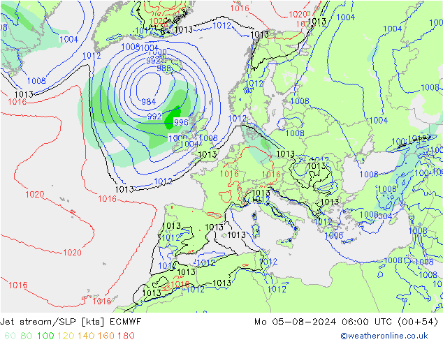 Straalstroom/SLP ECMWF ma 05.08.2024 06 UTC