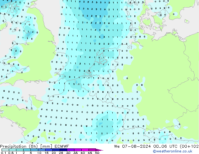 Totale neerslag (6h) ECMWF wo 07.08.2024 06 UTC