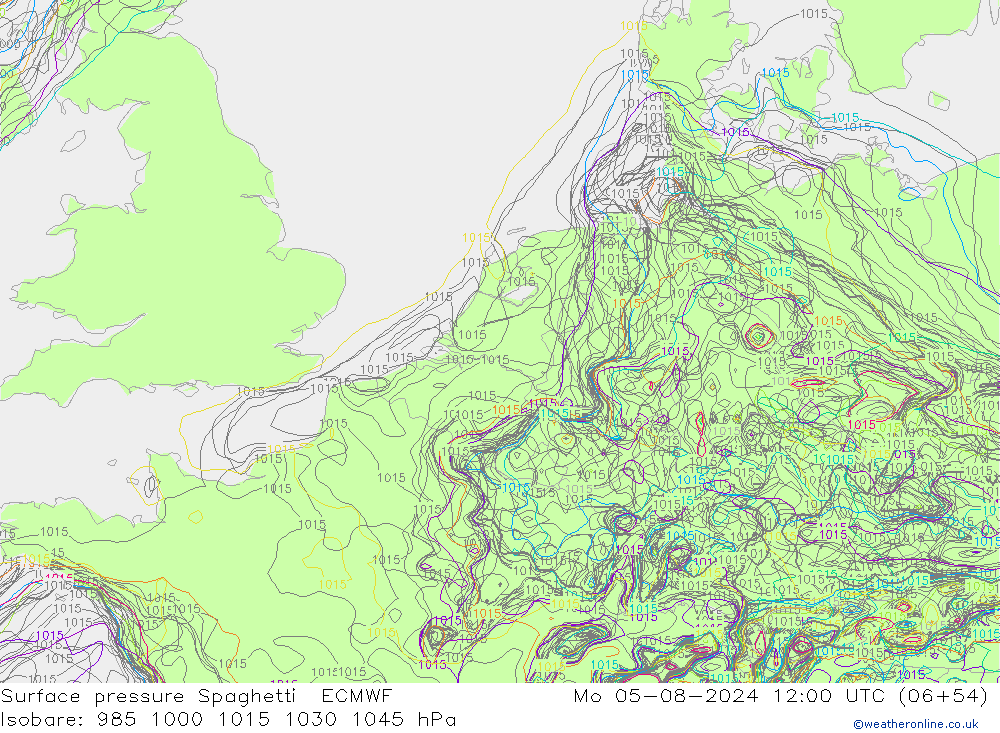 Luchtdruk op zeeniveau Spaghetti ECMWF ma 05.08.2024 12 UTC