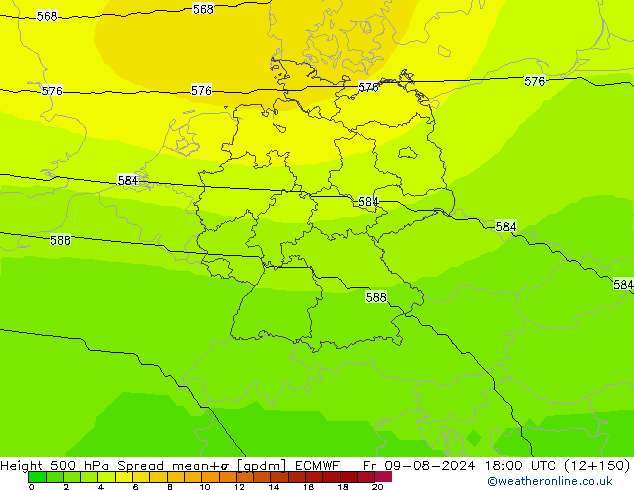 Hoogte 500 hPa Spread ECMWF vr 09.08.2024 18 UTC