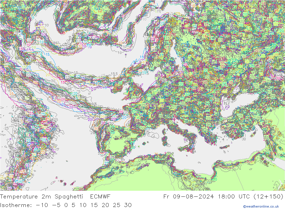 Temperatuurkaart Spaghetti ECMWF vr 09.08.2024 18 UTC