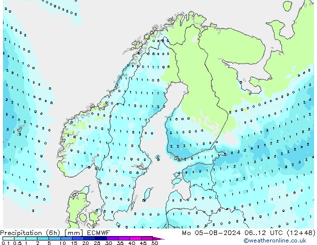 Totale neerslag (6h) ECMWF ma 05.08.2024 12 UTC