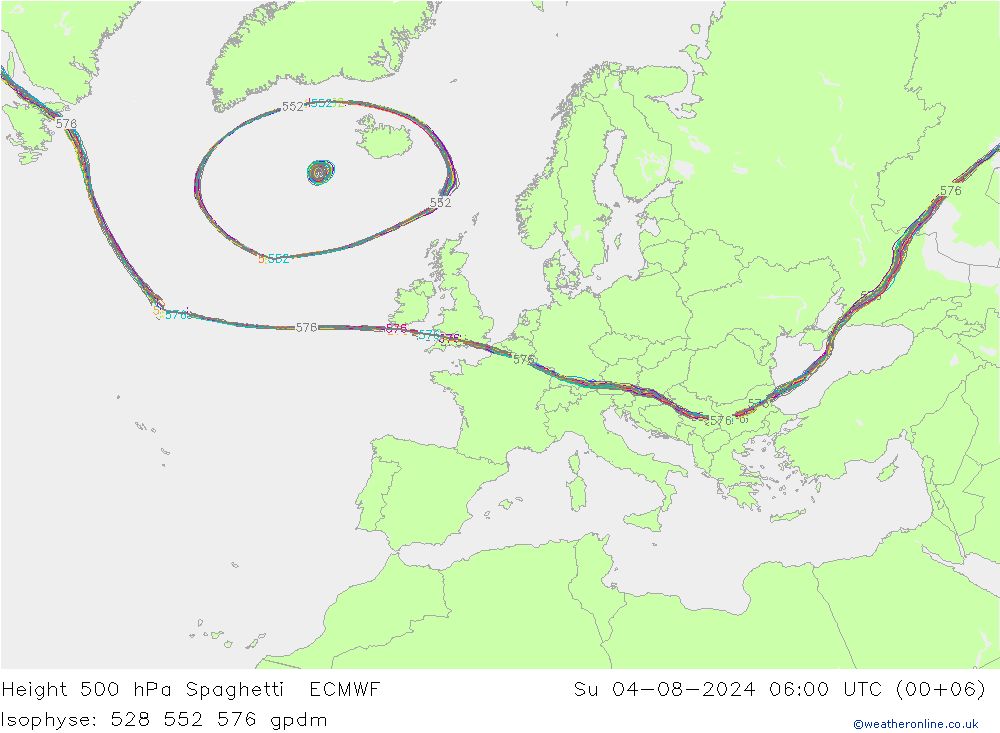 Height 500 hPa Spaghetti ECMWF 星期日 04.08.2024 06 UTC