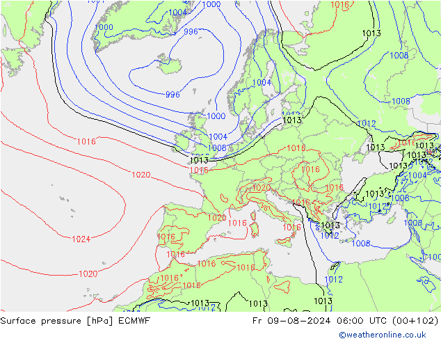 地面气压 ECMWF 星期五 09.08.2024 06 UTC