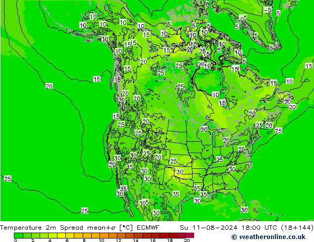 Temperatuurkaart Spread ECMWF zo 11.08.2024 18 UTC