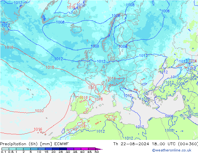 Totale neerslag (6h) ECMWF do 22.08.2024 00 UTC