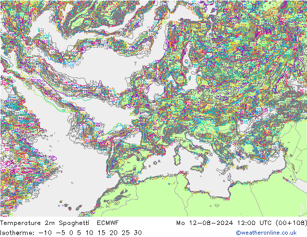 Temperatuurkaart Spaghetti ECMWF ma 12.08.2024 12 UTC