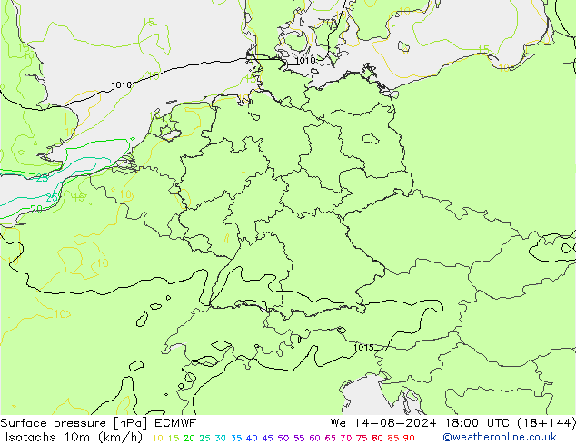 10米等风速线 (kph) ECMWF 星期三 14.08.2024 18 UTC