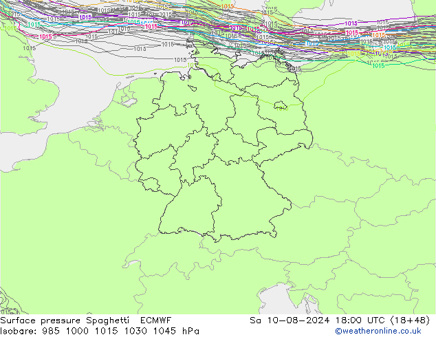 地面气压 Spaghetti ECMWF 星期六 10.08.2024 18 UTC