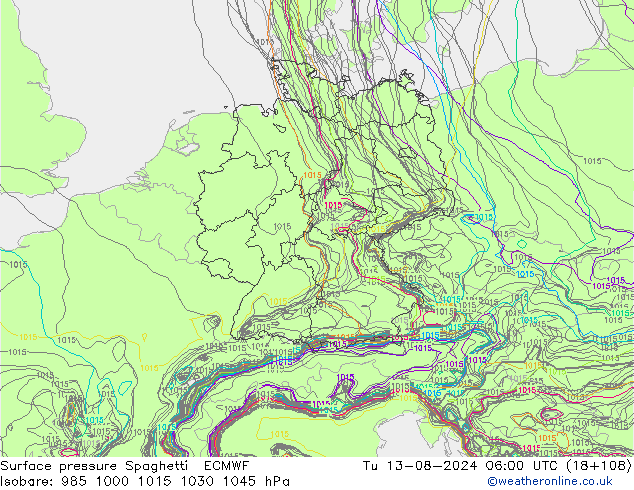 地面气压 Spaghetti ECMWF 星期二 13.08.2024 06 UTC