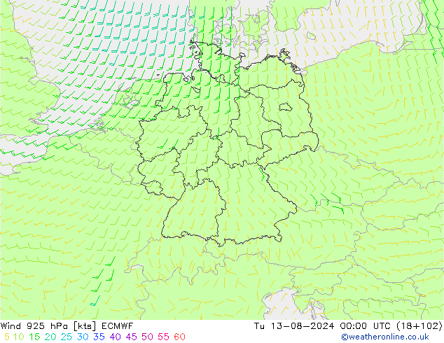 风 925 hPa ECMWF 星期二 13.08.2024 00 UTC